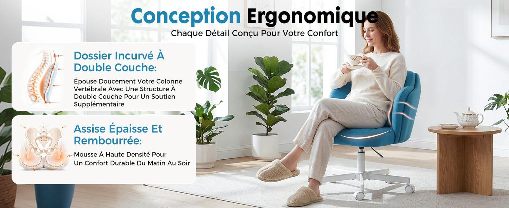 Chaise de bureau COMHOMA, chaise de maquillage, chaise de bureau à roulettes avec double dossier et coussin moelleux, chaise pivotante réglable en hauteur, velours, bleu