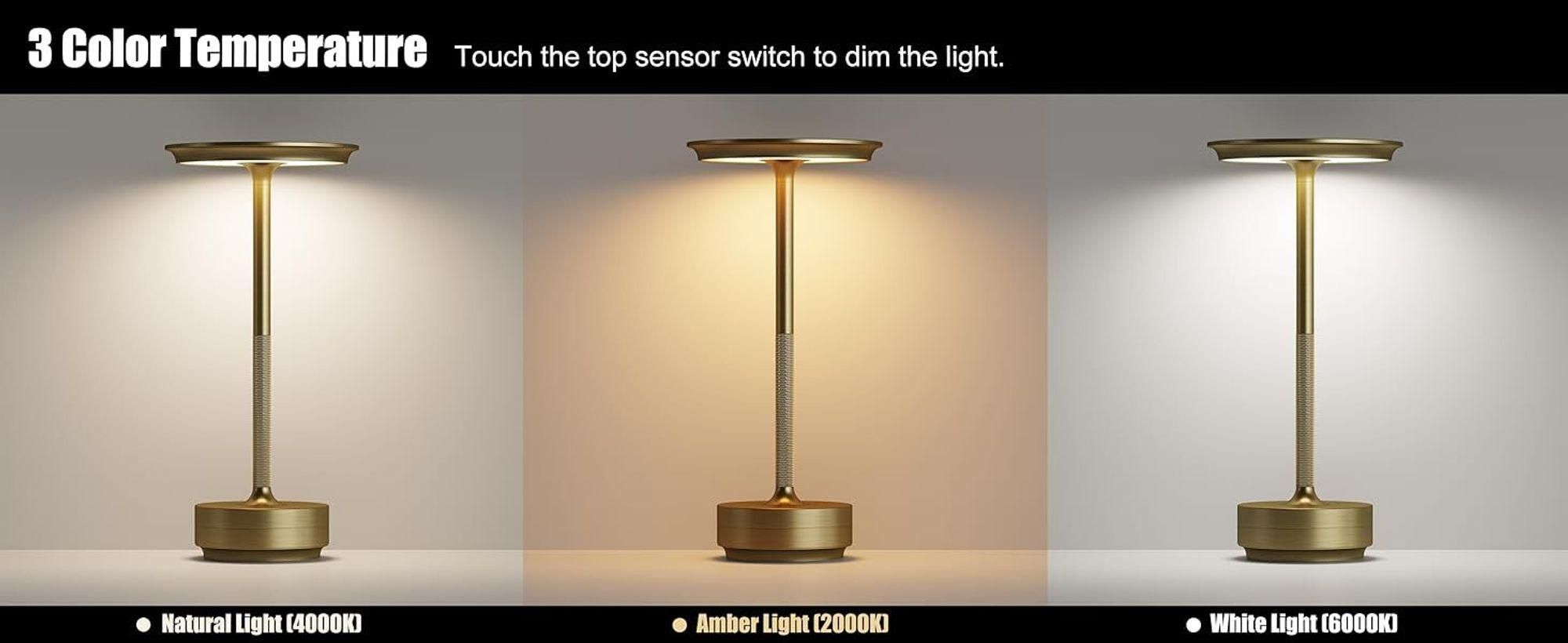 6er Set Kabellose Dimmbare LED Akku Tischleuchten, Touch Tischlampen, 3 Lichtfarben, Nachttischlampen für Wohnzimmer Schlafzimmer, Gold