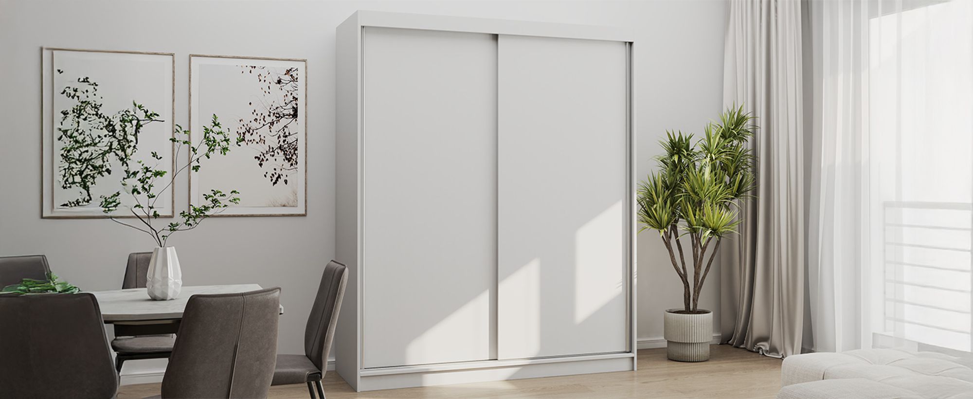 Schwebetürenschrank Kleiderschrank Schrank 160 cm Weiß/Weiß Bono 04
