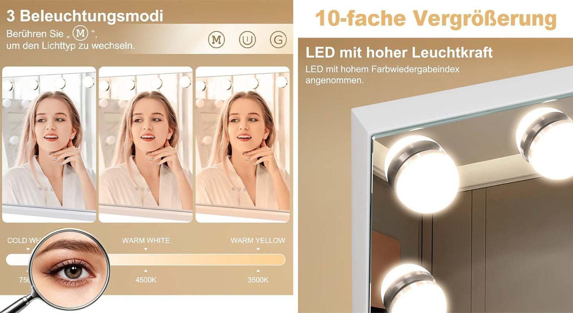 MULISOFT Hollywood Spiegel 58cm x 48cm mit Beleuchtung Leuchten-10X Vergrößerung, 3 Lichtmodus Kosmetikspiegel für Badzimmer Schminktisch, 14 LED Weiß