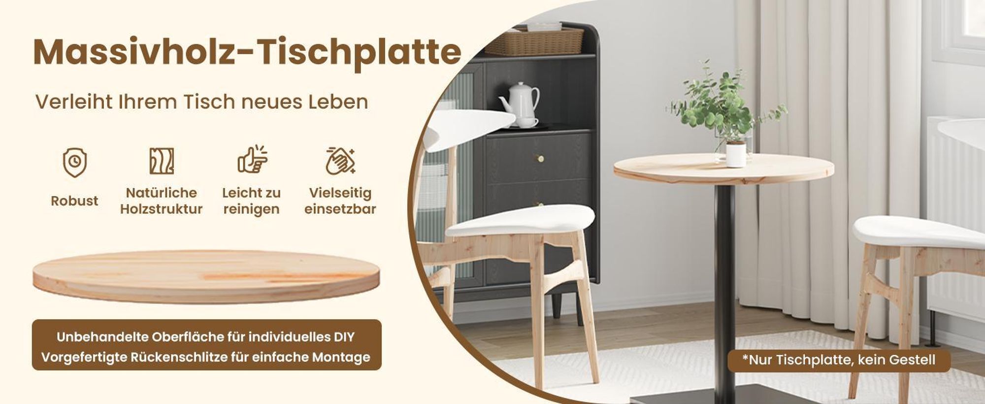 vidaXL Tischplatte Ø70x2,5 cm Massivholz Kiefer