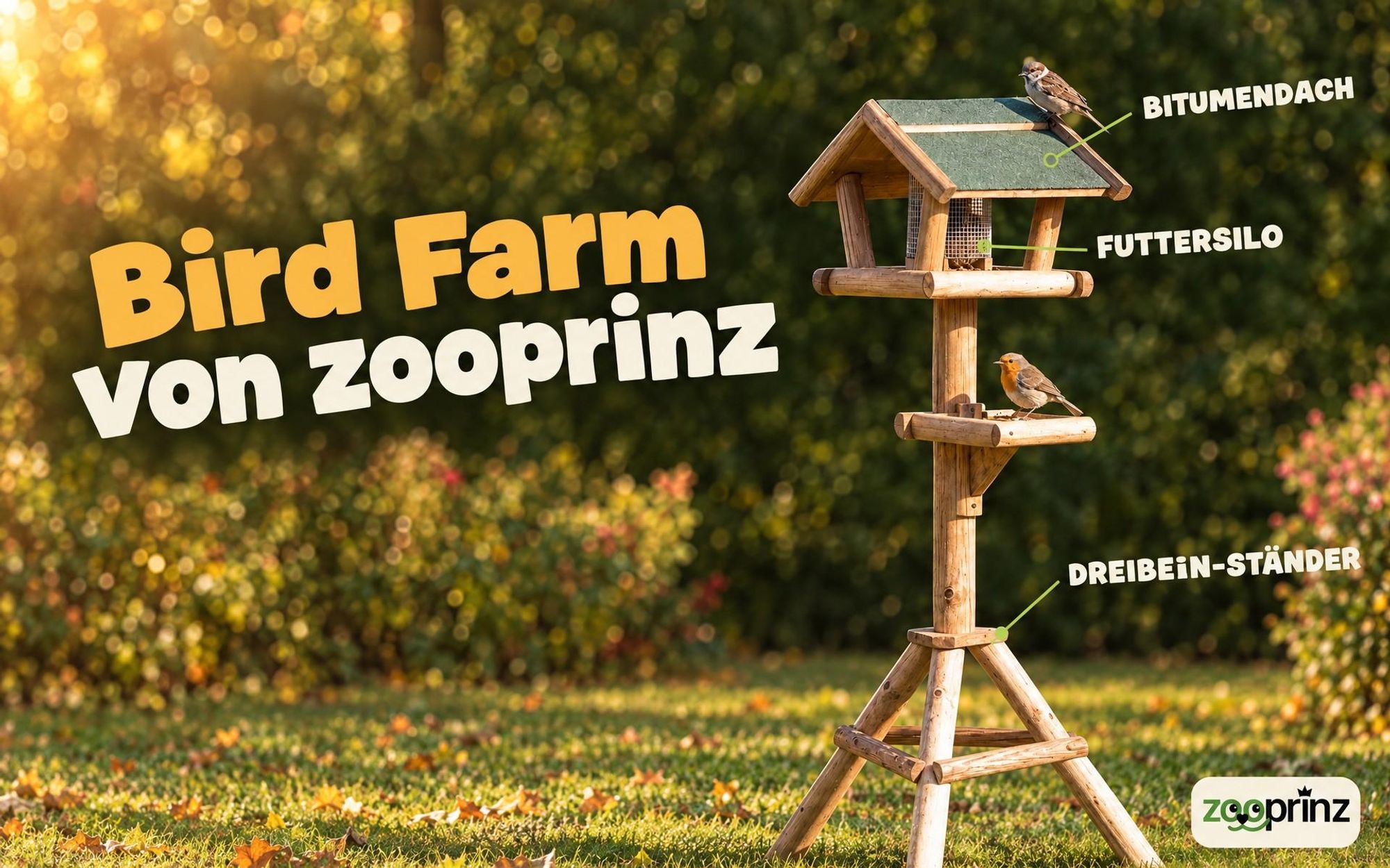 Vogelhaus zooprinz Bird Farm | mit Ständer | massives Kiefernholz | Bitumendach | für Balkon, Terrasse & Garten