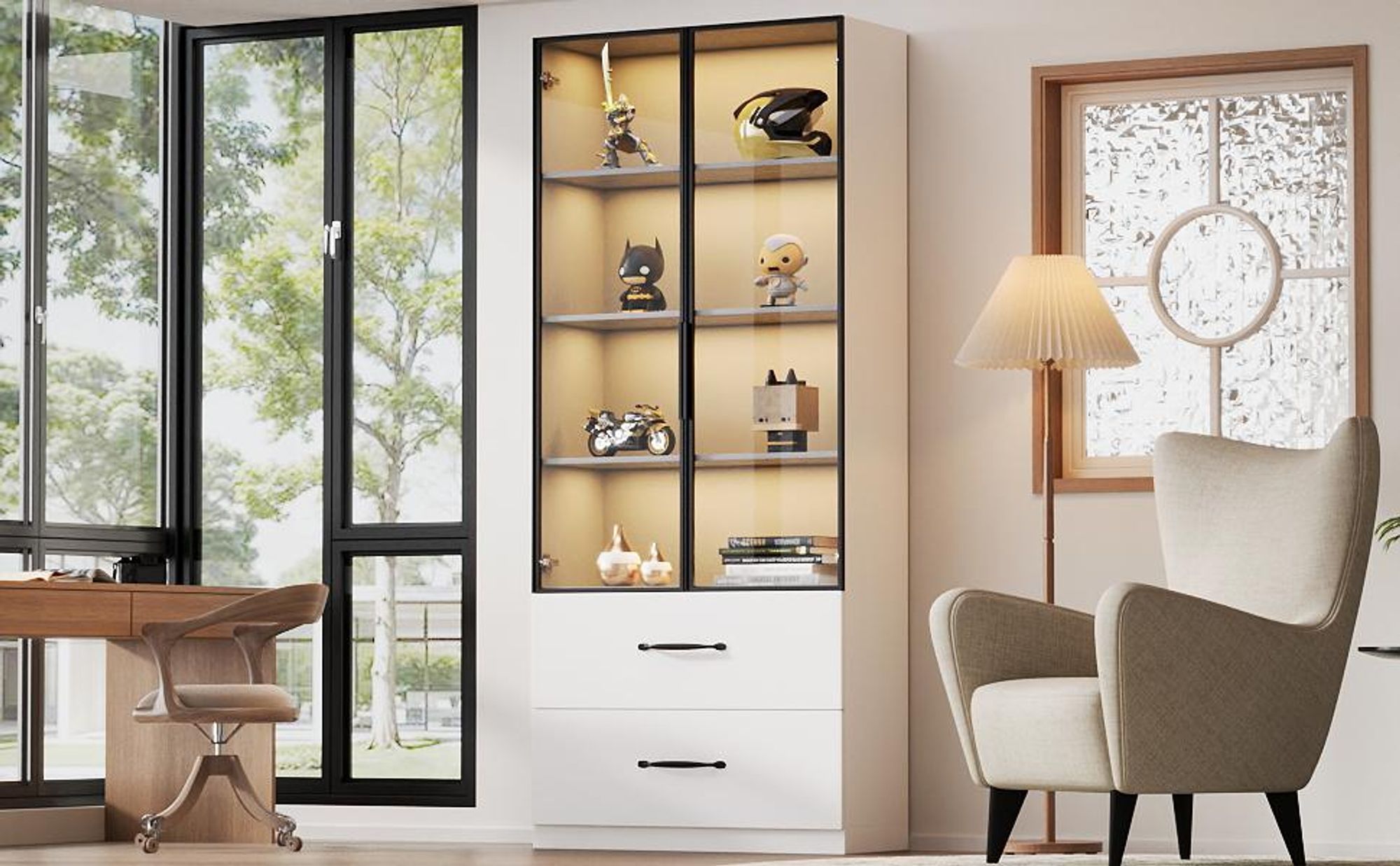 Merax Glasvitrine mit 2 Schubladen, mit Farbwechsel-LED, Hochschrank, Stehend Vitrinenschrank für Wohnzimmer Schlafzimmer, 60x40x160cm, Weiß