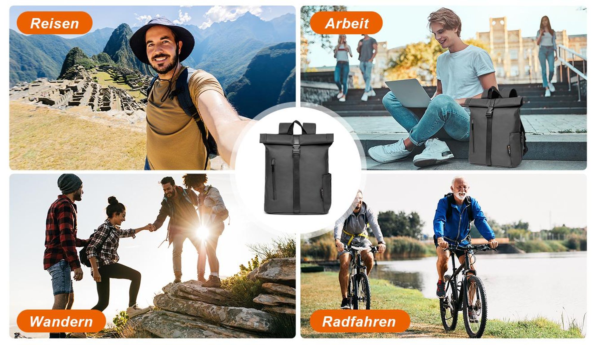 7MAGIC RollTop Rucksack 20L-25L, Laptoptasche 15,6 Zoll Groß Kapazität Daypack, Schulrucksack Backpack Fahrradrucksack Freizeitrucksack für Uni Schule Reisen Job, Schwarz