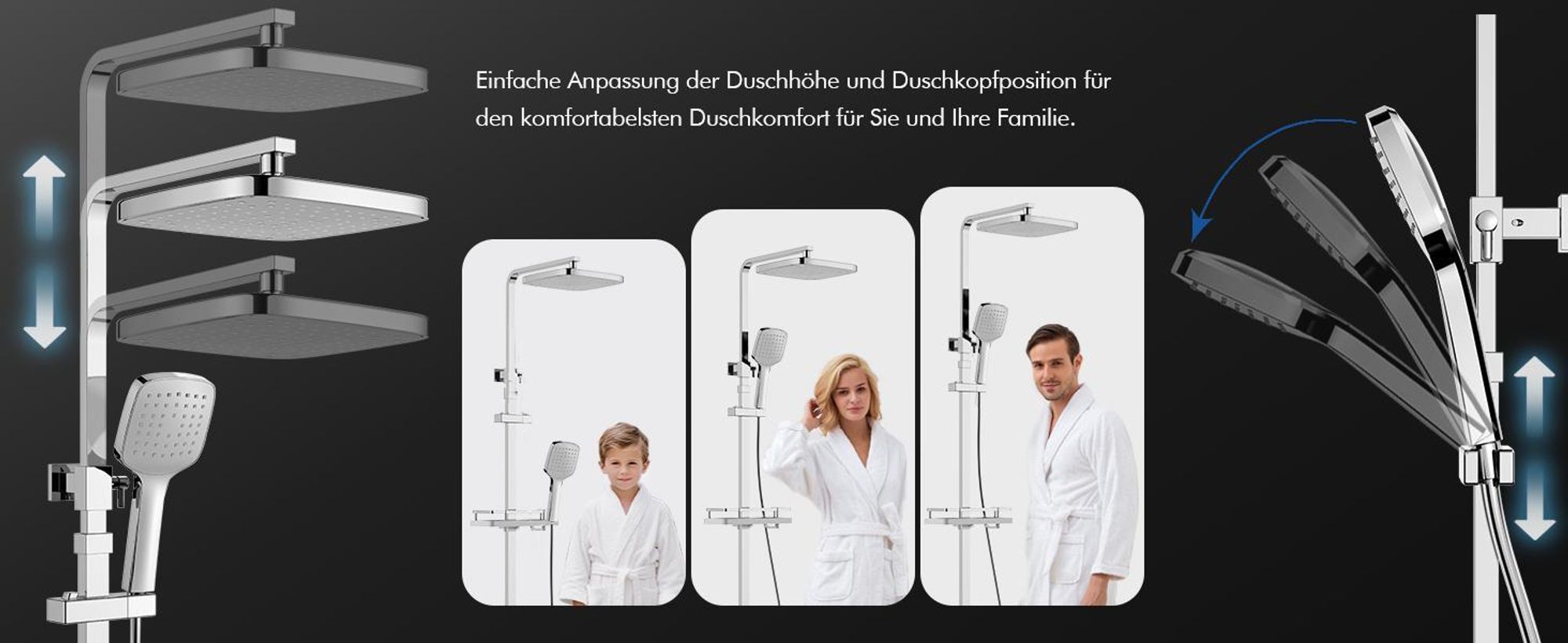 Homelody Duschsystem mit 38 °C Thermostat Edelstahl & Regal, Duscharmatur Set mit Handbrause & Kopfbrause, 3 Strahlarten, Höhenverstellbar, Chrom