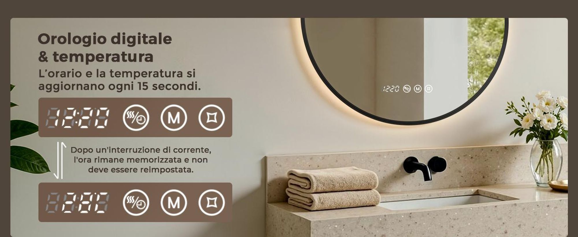 Espejo de baño redondo S'AFIELINA, diámetro 60 cm, marco , 3 colores de luz, regulable en intensidad, antiniebla, indicador de hora y temperatura, con función de memoria