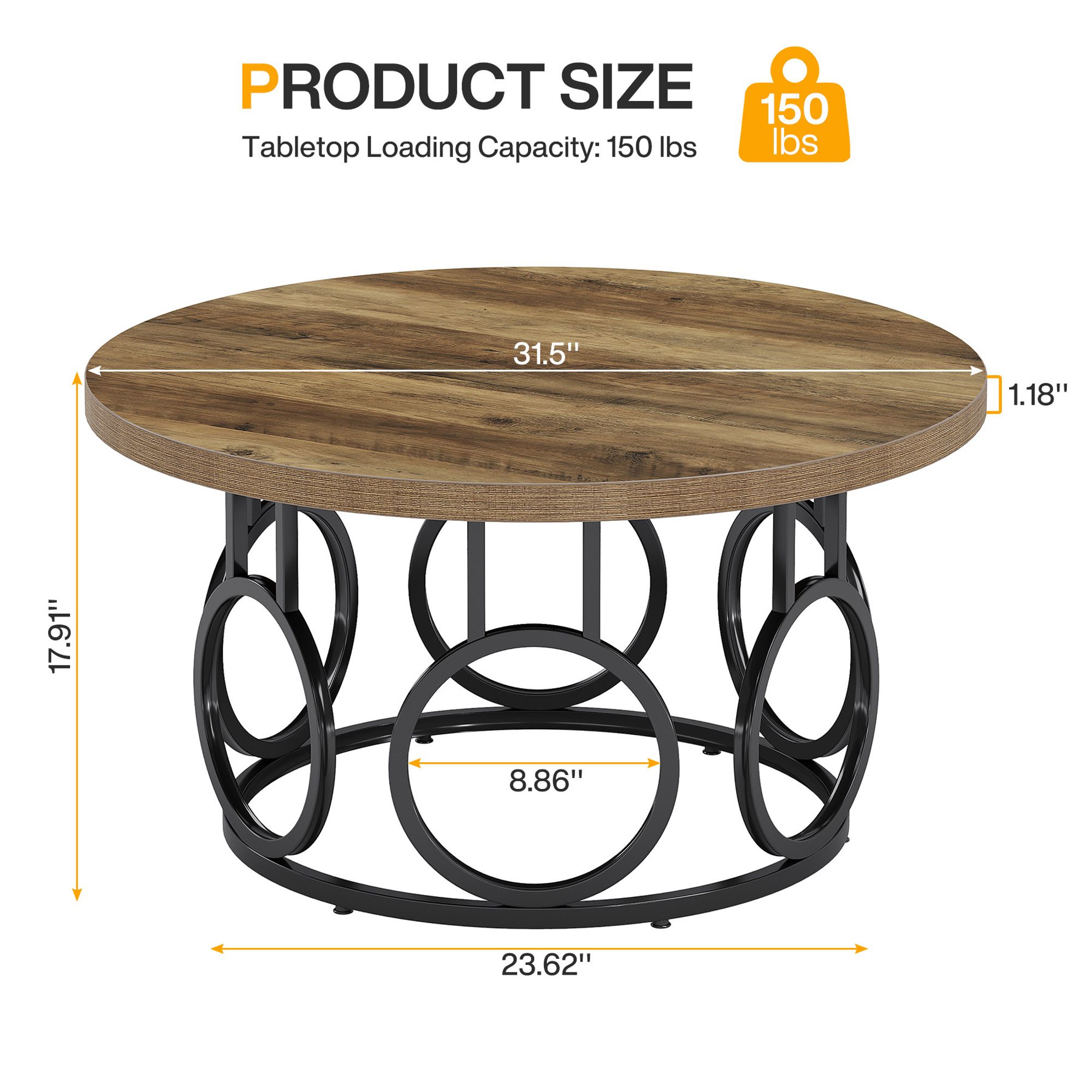 Tribesigns runder Couchtisch, 80 cm industrieller runder Wohnzimmertisch, moderner Akzenttisch aus Holz für Home Office, Apartment, Holzmaserung