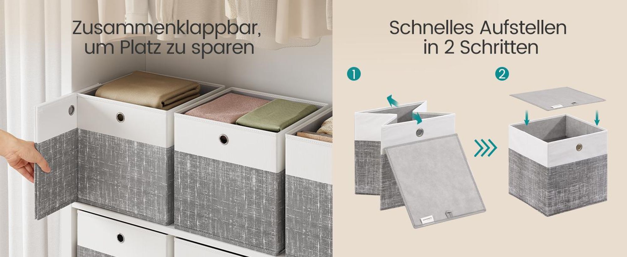 SONGMICS Aufbewahrungskörbe, 6er Set, faltbare Stoffboxen mit PP-Platten, für Regal, 33 x 33 x 33 cm, weiß-grau