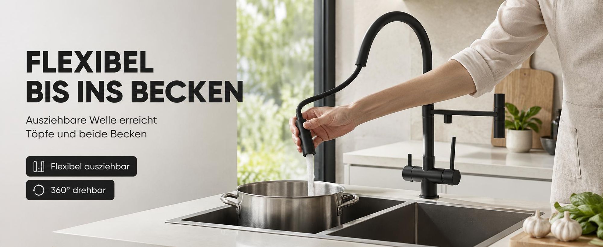3-Wege Küchenarmatur HighFlex  mit Wasserfilter-Anschluss, herausziehbare Brause, 360° schwenkbar, getrennte Wasserwege, Keramikkartusche Gold