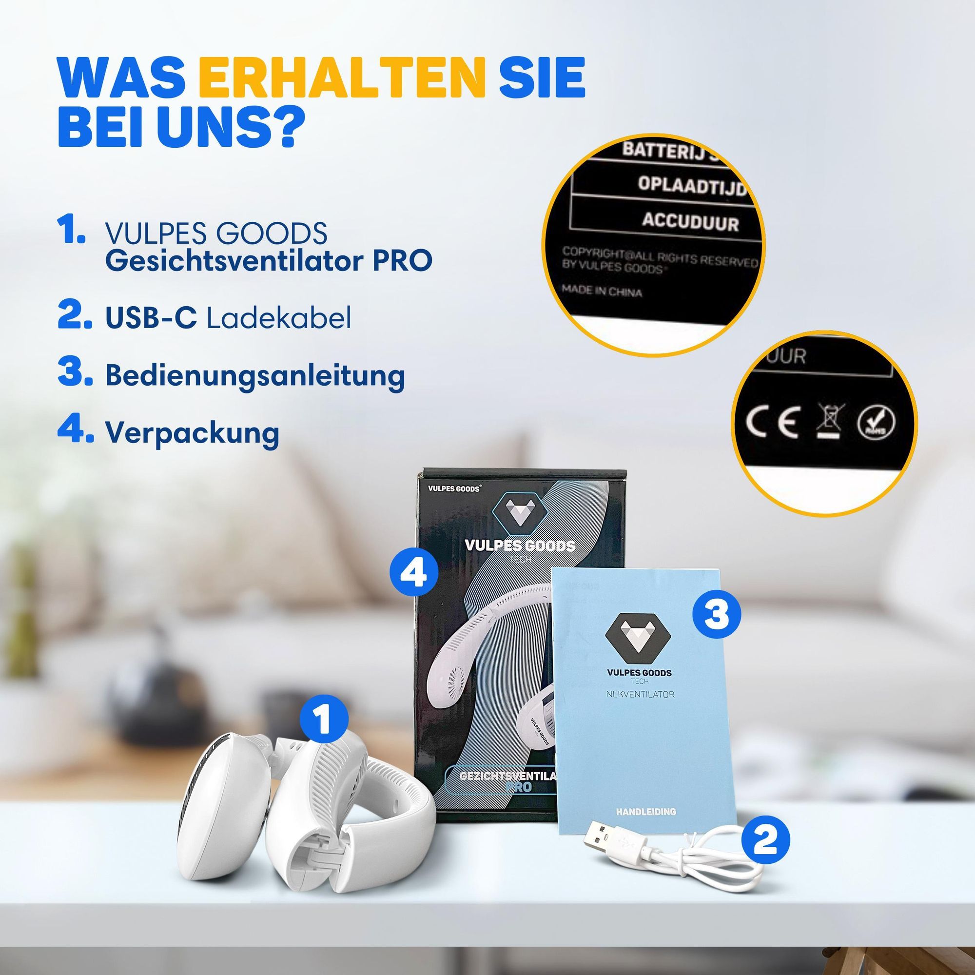 Vulpes Goods Nackenventilator, Mini Ventilator, Tragbarer Gesichtslüfter, USB aufladbar, Wiederaufladbar, 3 Stufen