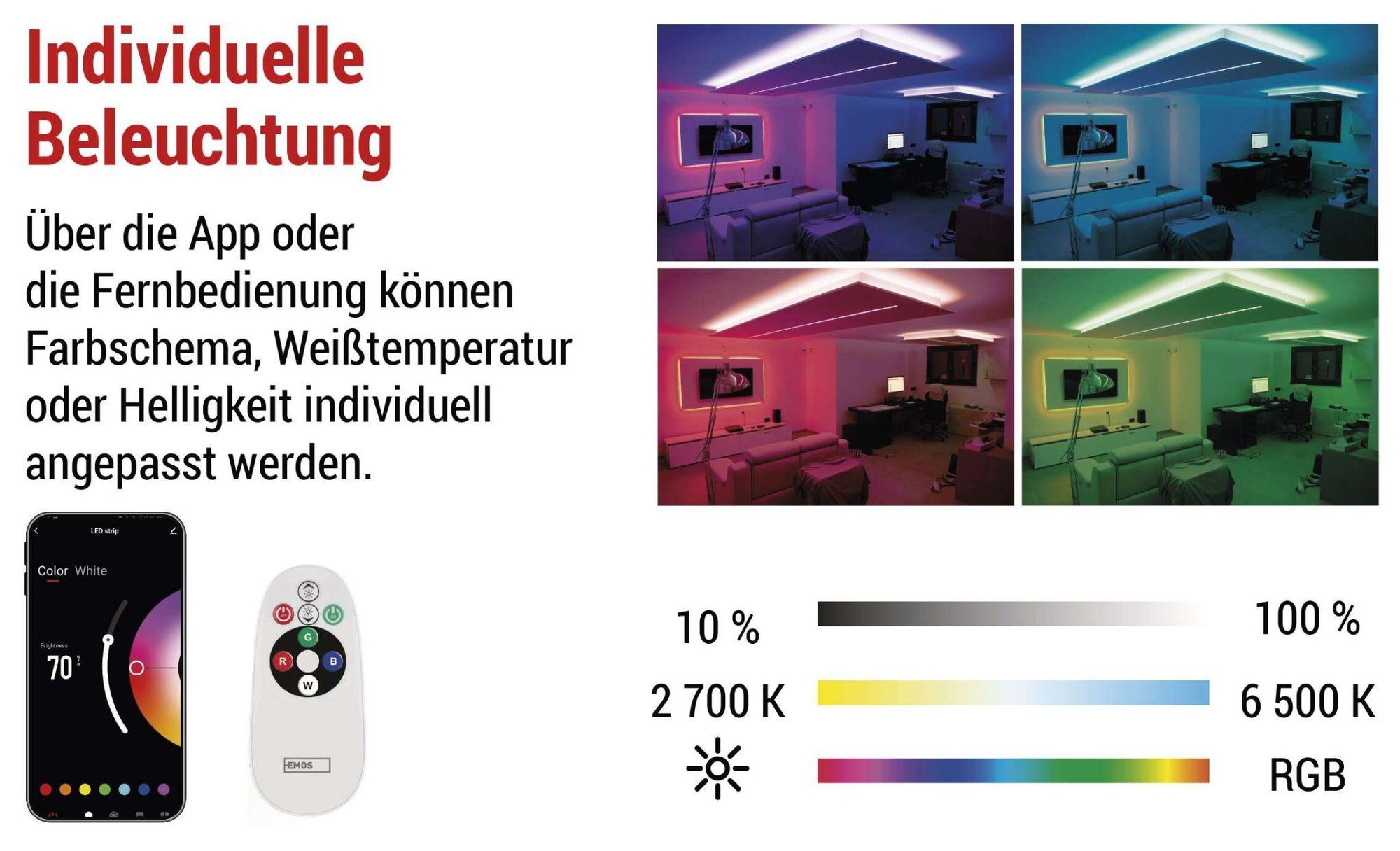 EMOS Smart LED Strip RGB/CCT 2m, LED-Streifen mit Fernbedienung und App, 16 Mio Farben, Musik-Synchronisation, inkl. 1,5 Kabel und Netzteil, ZPW218R