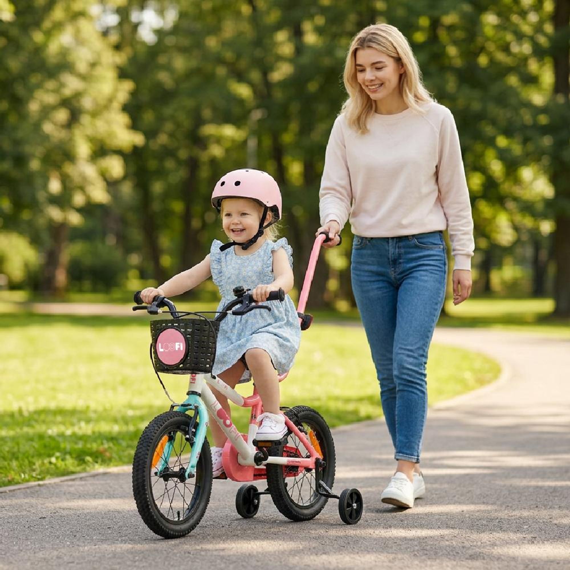 SUN BABY LOOFI Kinderfahrrad 14 Zoll, leichtes Aluminium Fahrrad 6,6 kg für Kinder ab 3 Jahre, mit Stützrädern, Korb, Klingel, Mädchen