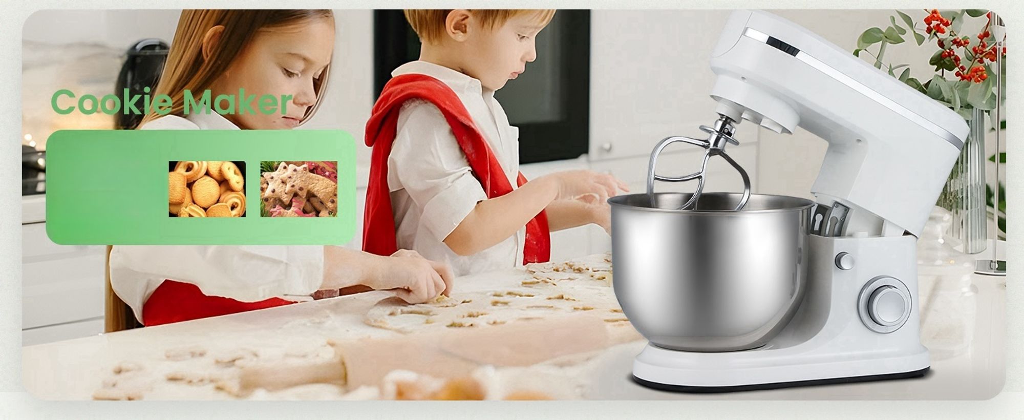 Traumheim® XS-002 6L 3-in-1 Multifunktions-Standmixer, 1500W Küchenmaschine,6+P Geschwindigkeit,Knetmaschine mit 3 Zubehörteilen und Schüssel (Weiß)
