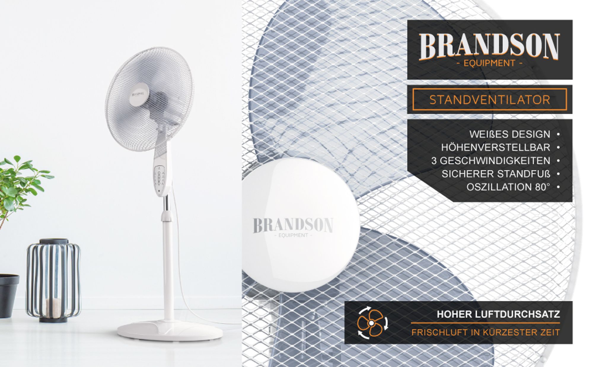 Weißer Standventilator im modernen Raum mit Korb-Detail und hohem Luftdurchsatz