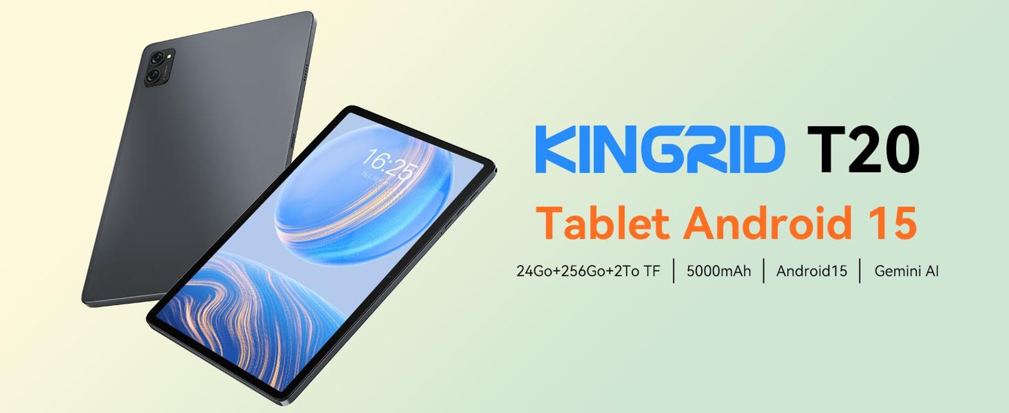 Tablette KINGRID Android 16 avec clavier, 24 (8+16) Go de RAM + 256 Go de ROM (2 To TF), tablette gaming 10 pouces, 5000 mAh, Gemini AI, Widevine L1, WiFi 5G, Face ID