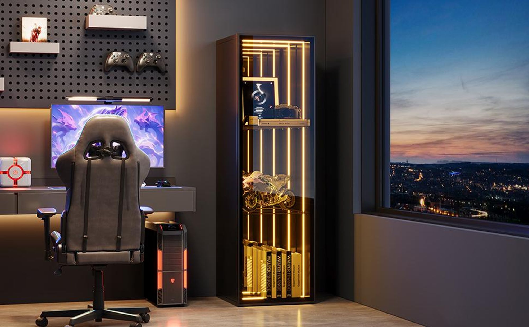 Merax Glasvitrine mit LED Beleuchtung, Aufbewahrungsschrank mit Aluminiumrahmen und 3 Ebenen, Hochschrank Vitrinen, H 90 cm, Schwarz
