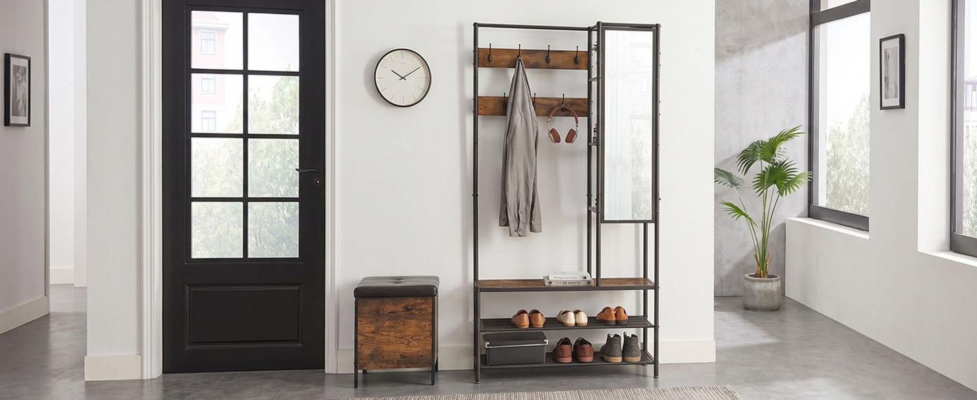 Garderobenständer mit Kleiderhaken, Spiegel, Schuhbank, Kleiderständer, Garderobe, Schuhregal mit Sitzfläche, für Flur, Industrie-Design, 35 x 98 x 182 cm, vintagebraun-schwarz HSR420B01