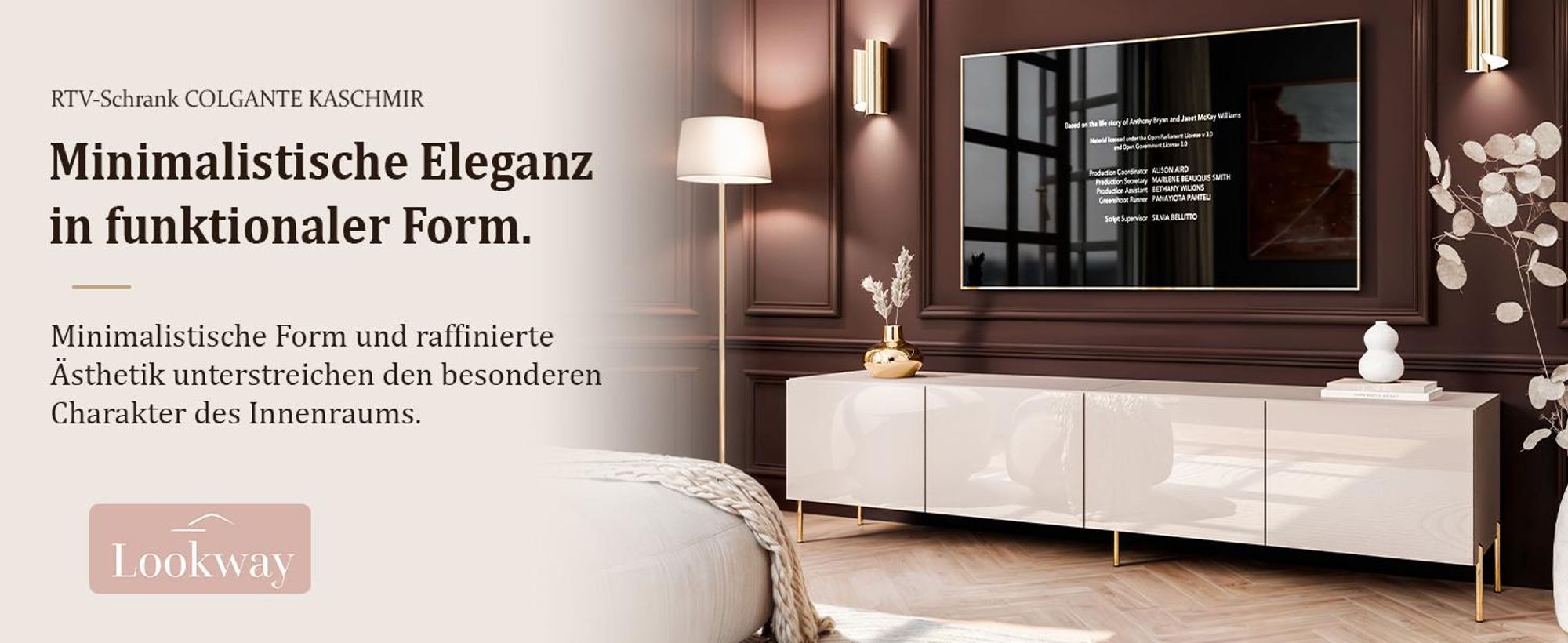 TV-Schrank COLGANTE 200 Kaschmir Hochglanz auf geraden kaschmirfarbenen Beinen mit LED-Beleuchtung