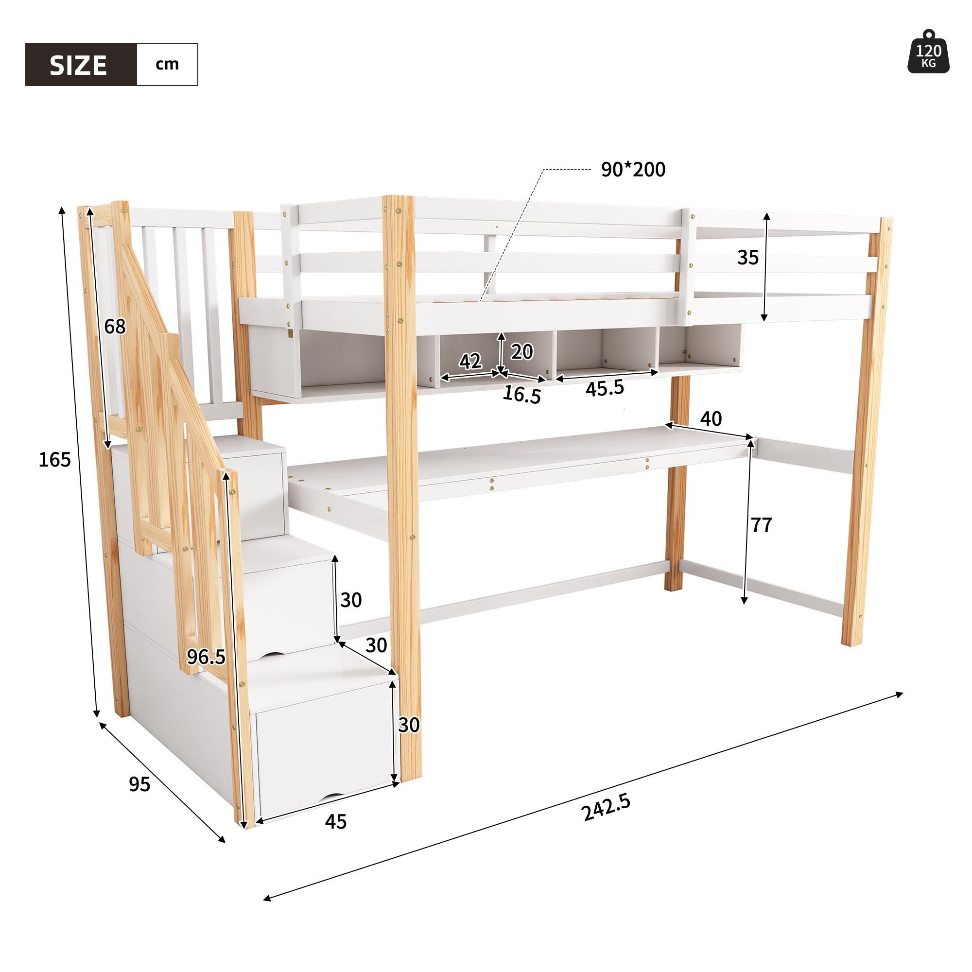 Flieks Etagenbett 90x200cm mit Treppe, Hochbett mit Schreibtisch und Bücherregal, Kinderbett mit Rausfallschutz & Lattenrost, Stockbett Naturbelassen