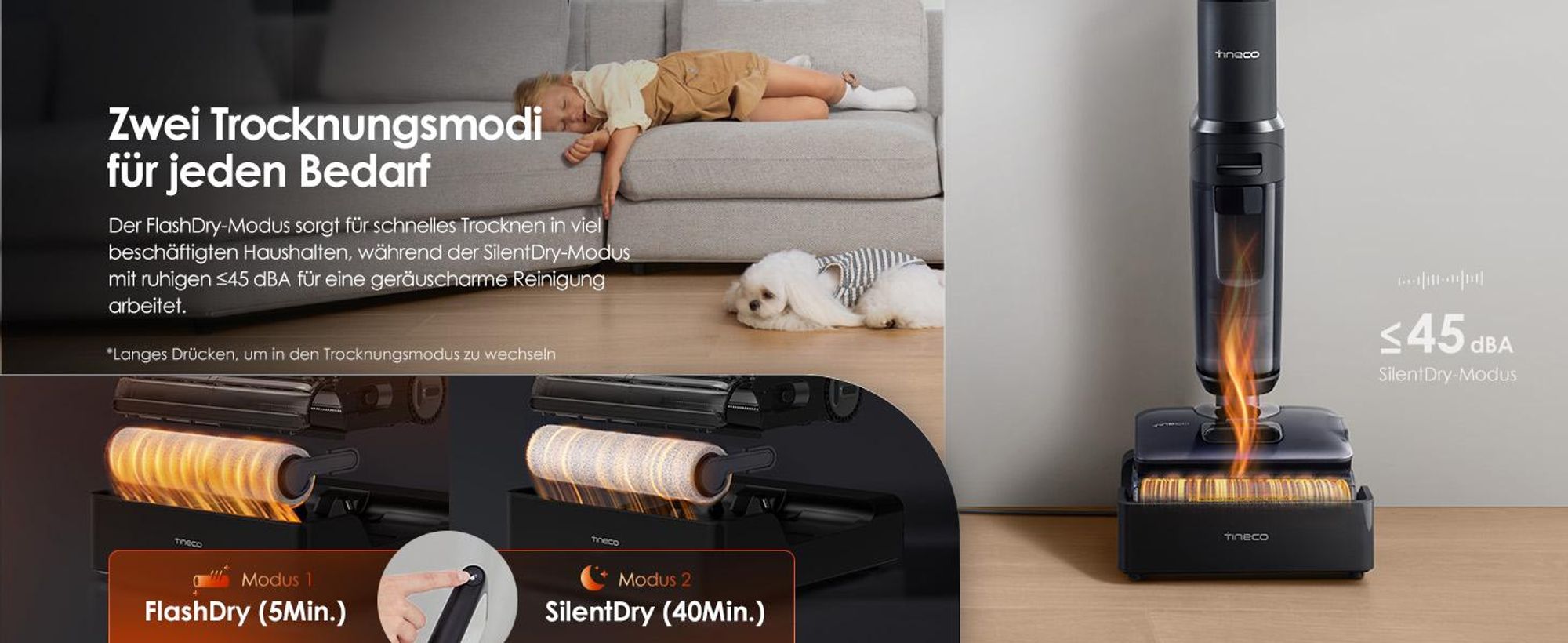 2 Trocknungsmodi: 1 FlashDry 50min, 2 SilentDry 40min