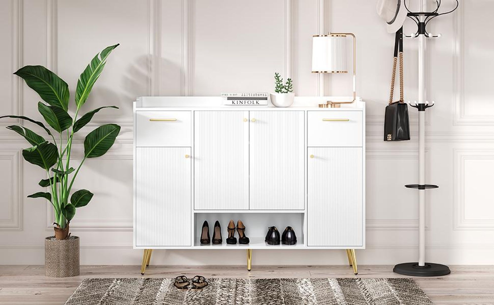 Merax Schuhschrank, Schuhregal mit 4 Türen und 2 Schubladen, Schuhkommode mit offenem Fach und Metallfüßen, Kommode, Aufbewahrungsschrank Flur, Weiß