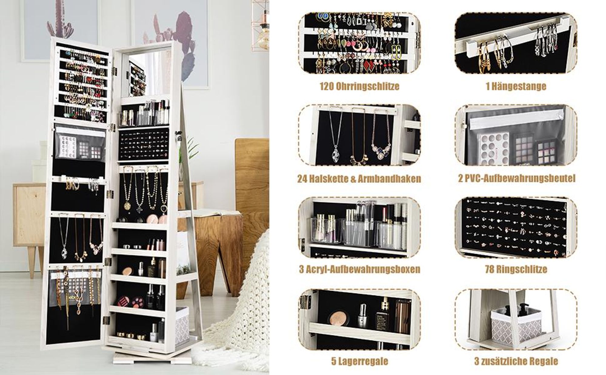 COSTWAY Schmuckschrank, Spiegelschrank mit Ganzkörperspiegel & eingebauter Make-up-Spiegel, 360° drehbar, abschließbar, Schmuck-Organizer Weiß