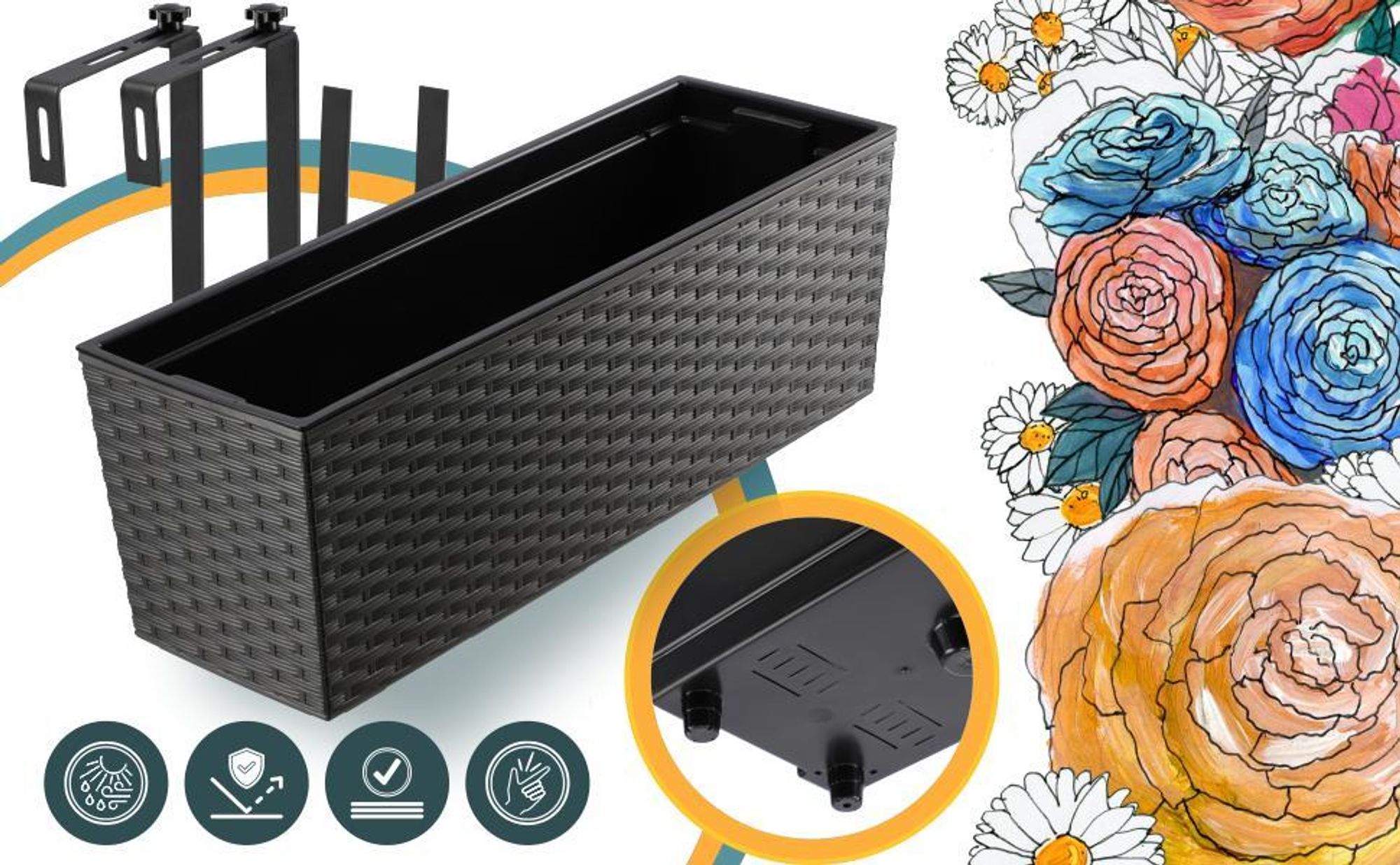 KADAX Blumentopf mit Einsatz "Murano", 56 cm, Mit Halterungen, Rattanmuster, Grafit