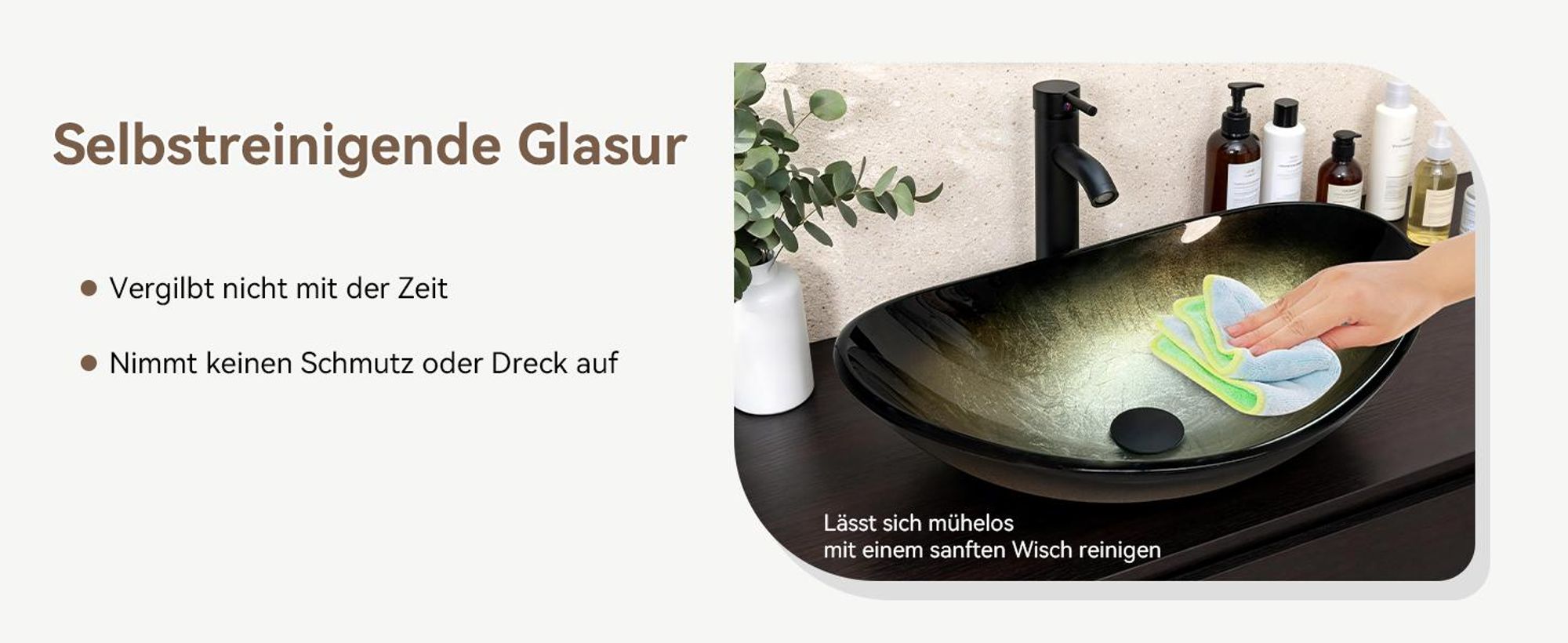 uluomis Waschbecken Glas Aufsatzwaschbecken Waschschale Oval mit Wasserhahn Ablaufgarnitur Schwarz hellgold