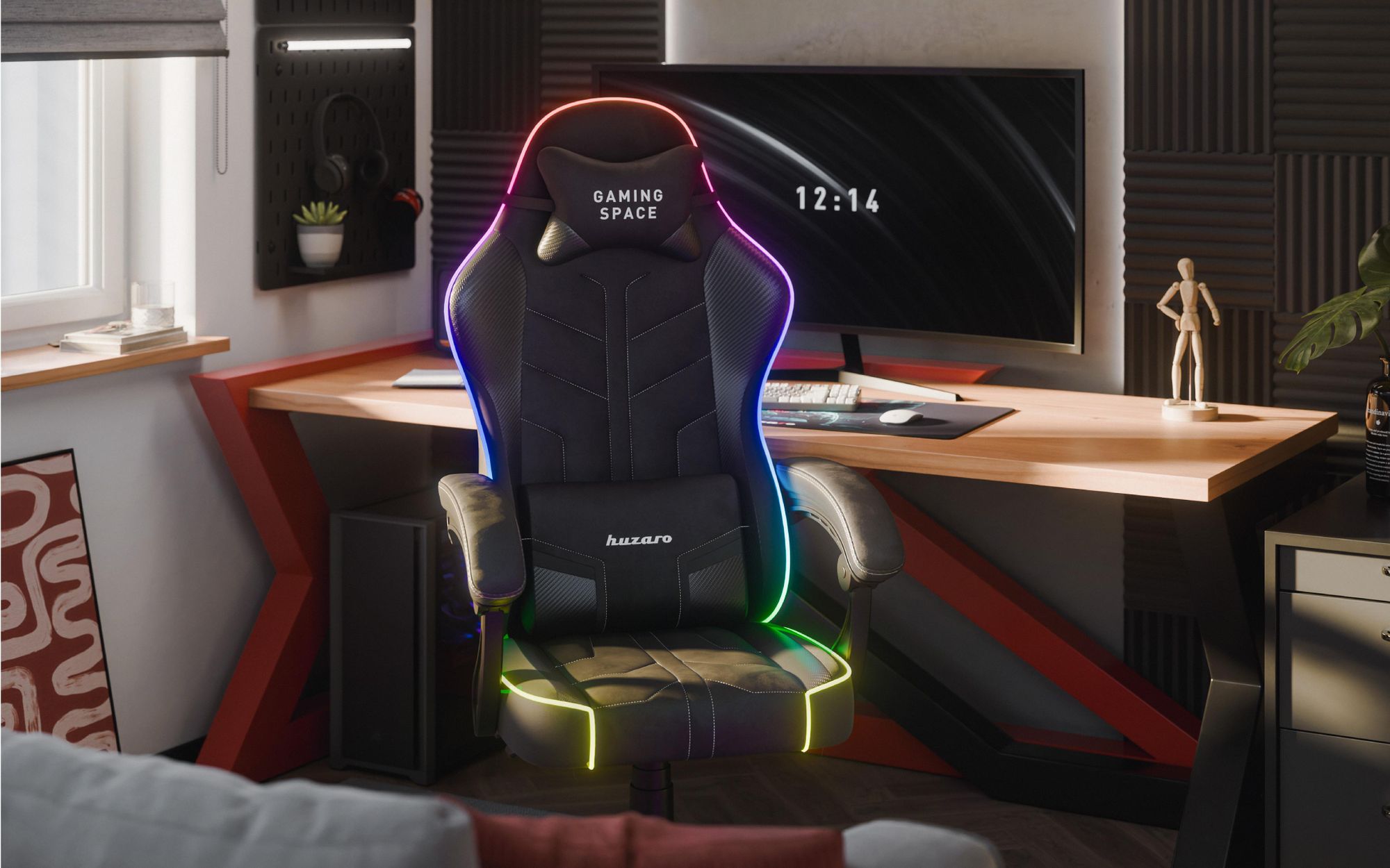 Fotel gamingowy Huzaro Force 2.7 Carbon Black RGB - ergonomiczny welurowy fotel obrotowy z regulowanym oparciem, poduszką lędźwiową, zagłówkiem i oświetleniem RGB