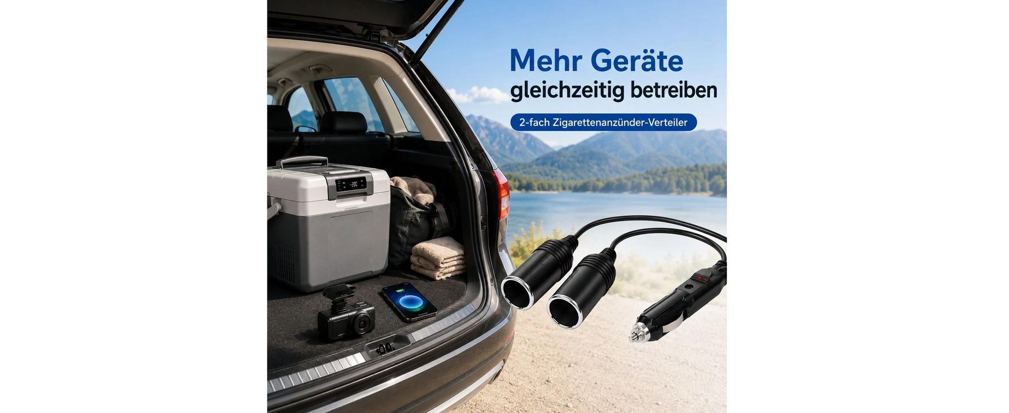 O32C KFZ Zigarettenanzünder Verteiler 2-fach 12V/24V 20A – Auto Steckdose Adapter mit LED Anzeige – Universal für PKW & LKW – Kabel 28 cm