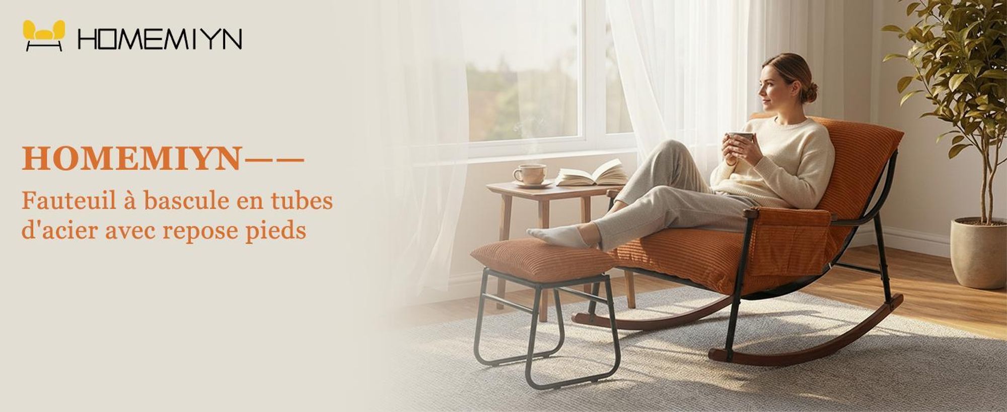 Fauteuil à bascule d’allaitement avec repose-pieds, poche latérale, accoudoirs et bases en bois, rocking chair pour salon, chambre, balcon, chambre bé
