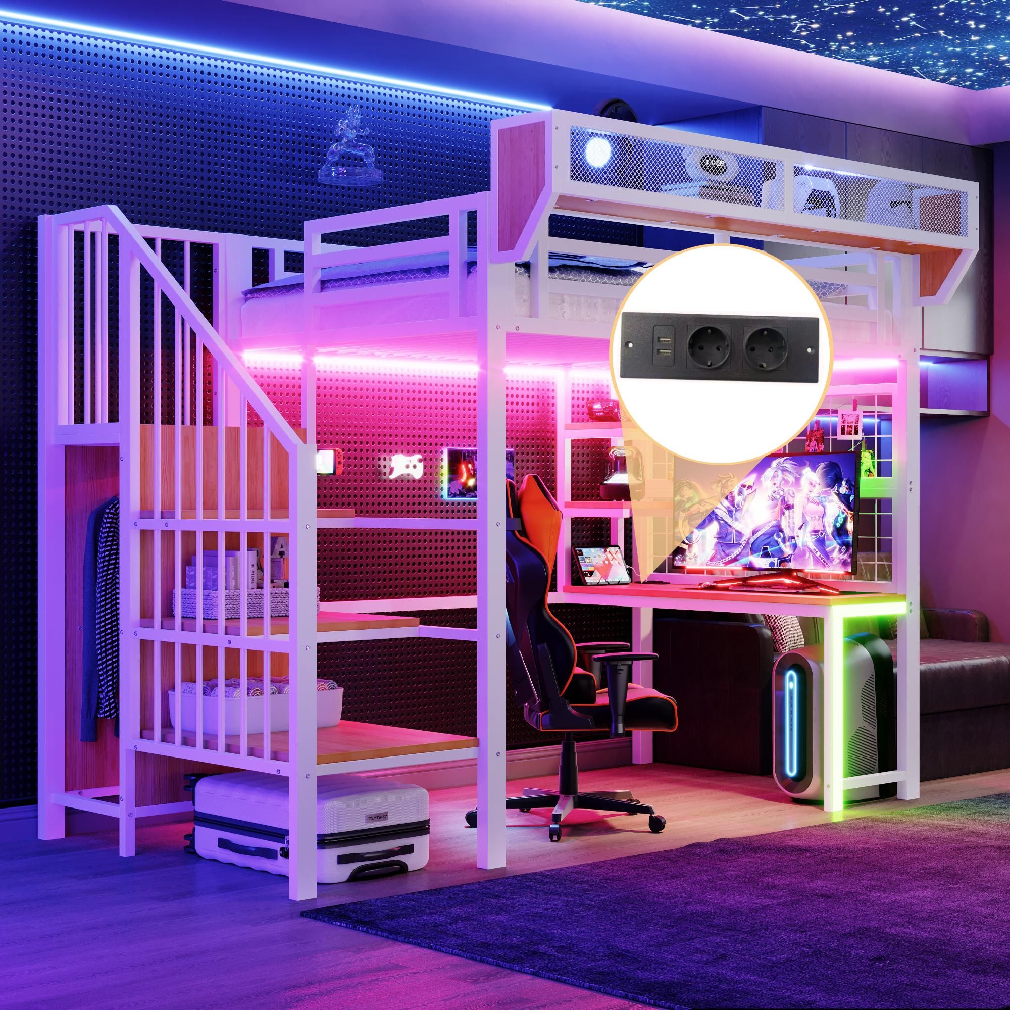 Flieks Etagenbett 90x200cm mit Schreibtisch und Ablagen, Kinderbett Jugendbett mit Led und Ladefunktion, Doppelbett Hochbett mit Kleiderstange, Weiß