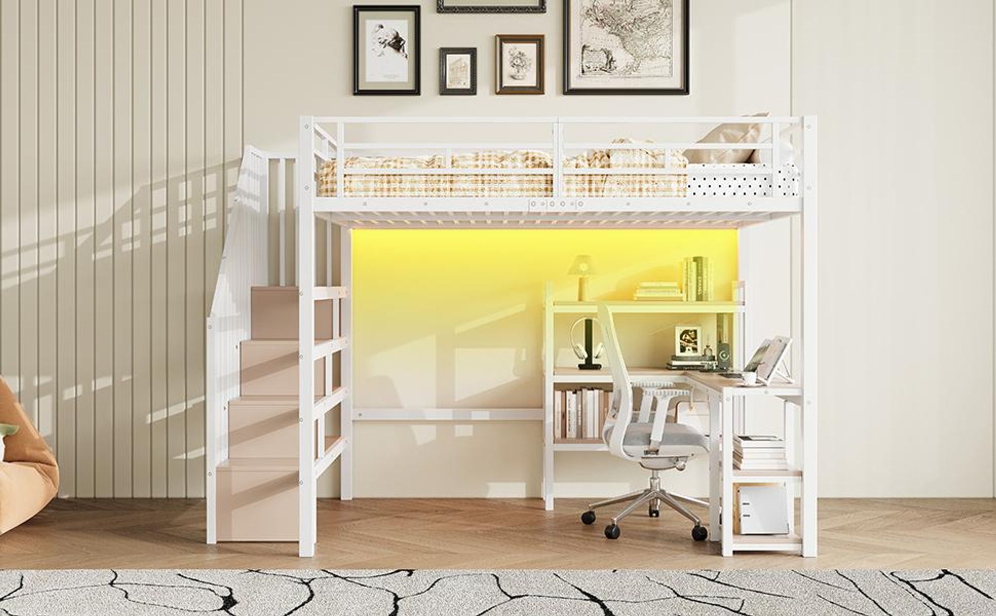 Merax Etagenbett 140x200cm, Hochbett Mit Schreibtisch, Metall Jugendbett Mit Treppe, Regal, USB Ladestation, LED Beleuchtung, Kinderbett, Weiß