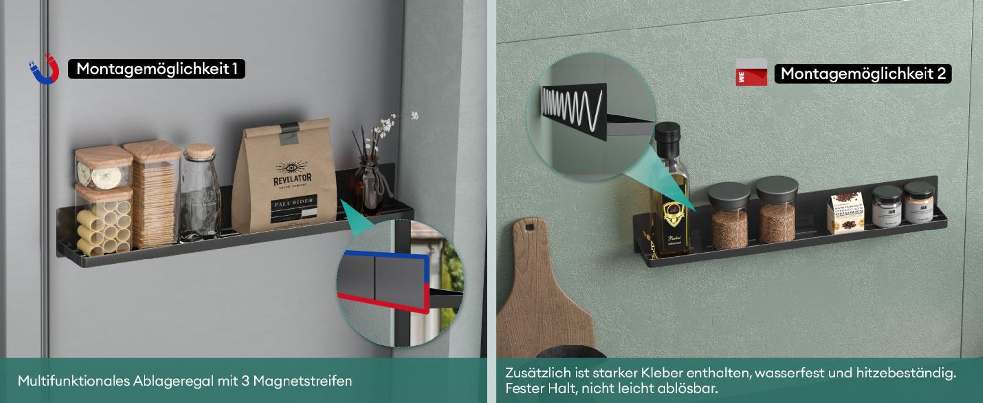Mai & Mai Duschablage ohne Bohren, Duschregal magnetisch, selbstklebende Badezimmerablage zur Wandmontage 60cm Schwarz Reglo-01