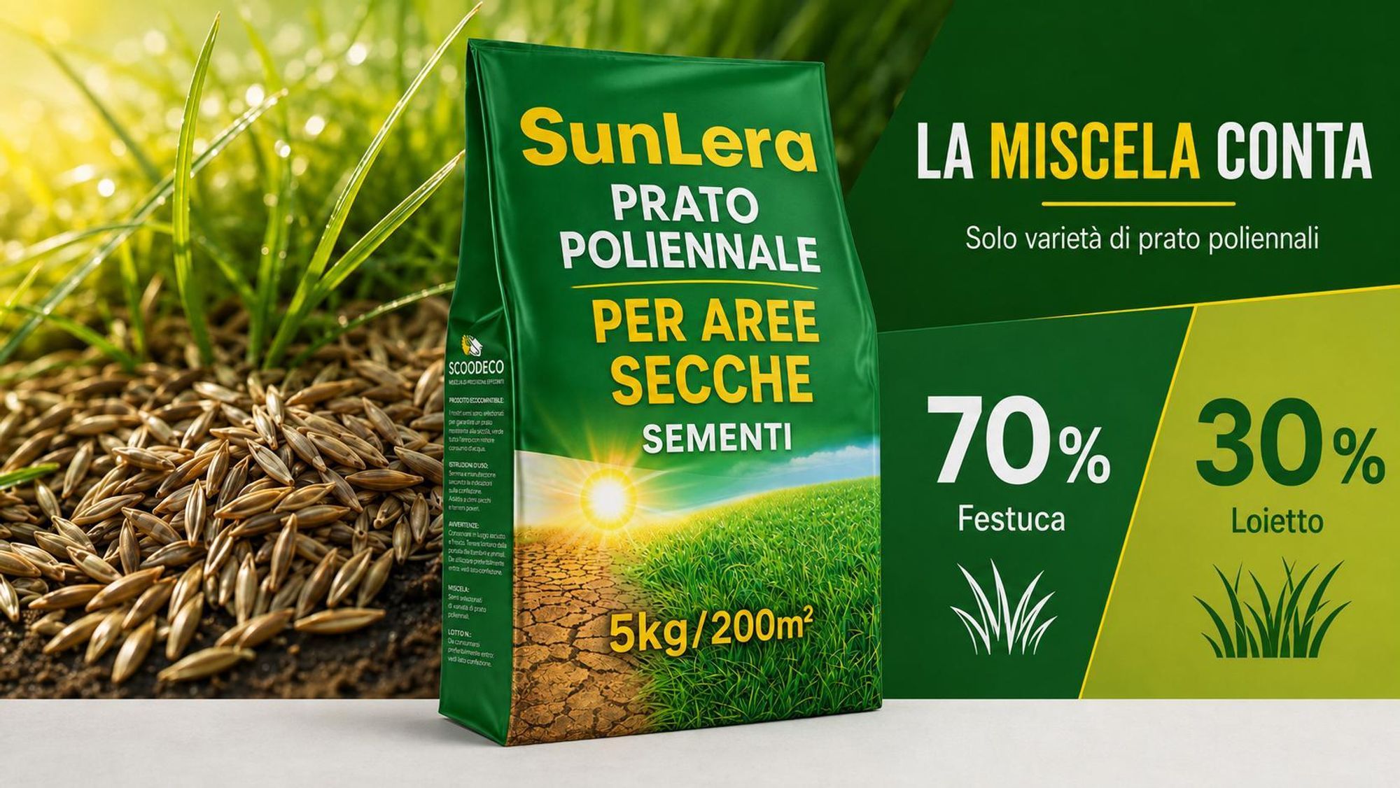 EcoDeco semi per prato, miscela per prato resistente alla siccità e semi prato soleggiato, 5 kg per 200 m²