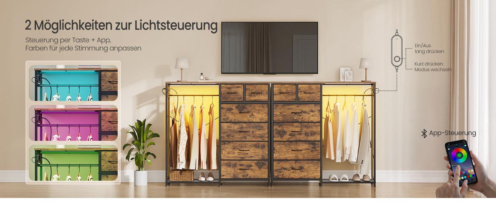 SONGMICS Kleiderständer mit 6 Schubladen, LED-Licht, Steckdosen und Schuhablage, 102,7 x 35 x 117,6 cm, Braun