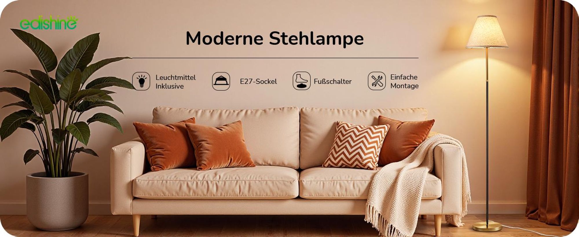 EDISHINE Stehlampe Wohnzimmer, Baumwoll-Leinenschirm, Retro, 2700K, Beige, Inkl. LED-Glühbirne, E27-Fassung, Metallgestell, Fußschalter