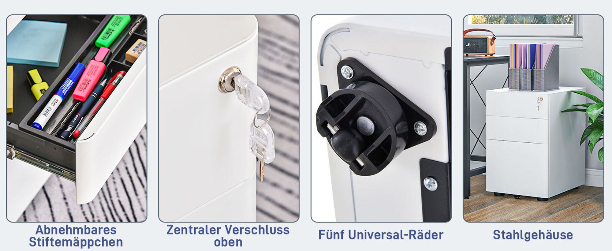 Vinsetto Rollcontainer, mobiler Aktenschrank mit 3 Schubladen, Büroschrank, Aufbewahrung, Stahl, Weiß, 39 x 48 x 59 cm