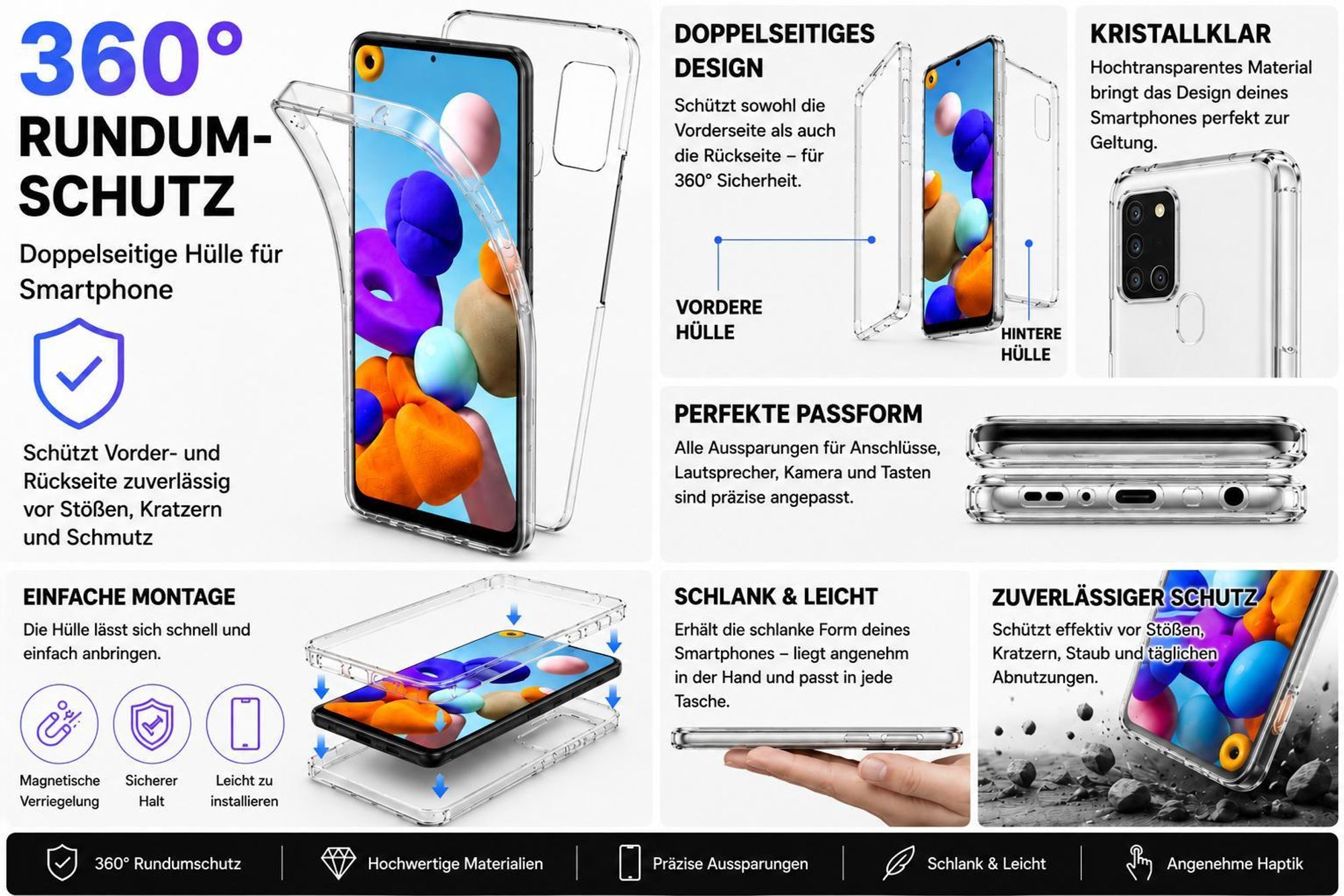 Handy Hülle passend für Samsung Galaxy A14 4G / 5G | Komplettschutz Schutzhülle Tasche Schutz Case |360 Grad TPU Silikon Rundum Full Cover Transparent
