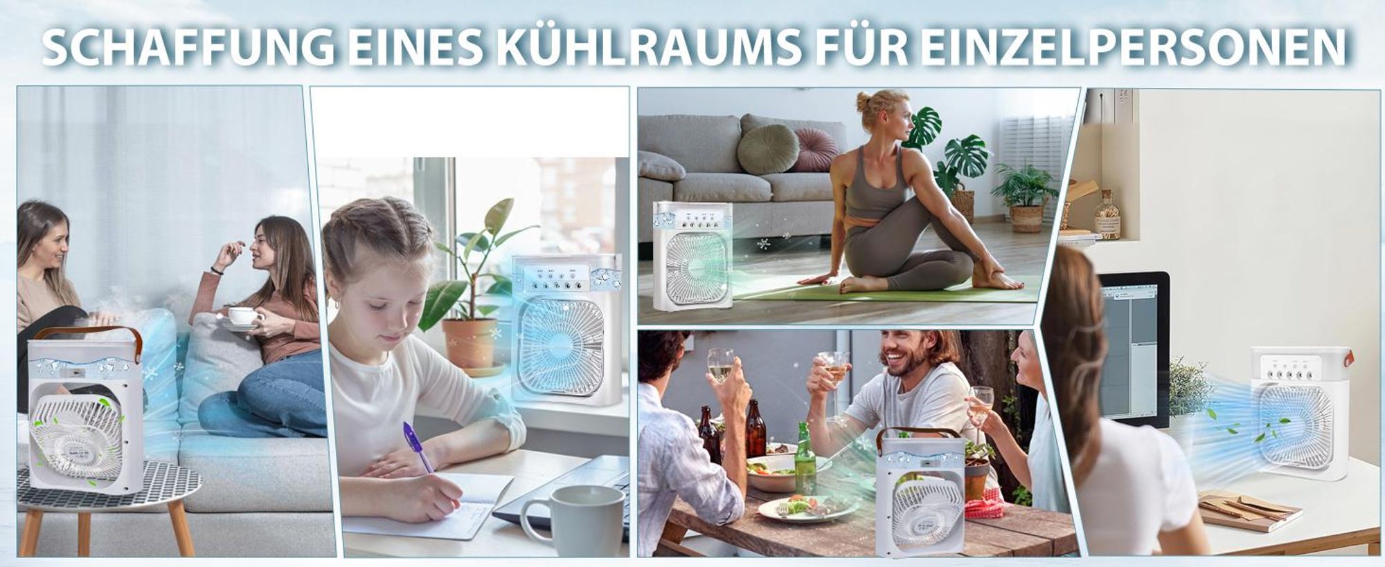 Standventilatoren, Luftkühler mit Wasserkühlung, Ventilator, mit 600 ml Wassertank, 3 Geschwindigkeiten, 7 Farben Nachtlicht, mit Wassernebel Spray