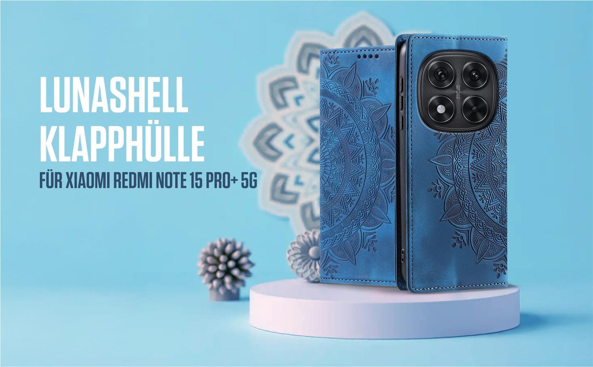 Blaue Klapphülle für Xiaomi Redmi Note 15 Pro+ 5G mit feiner Mandala Prägung