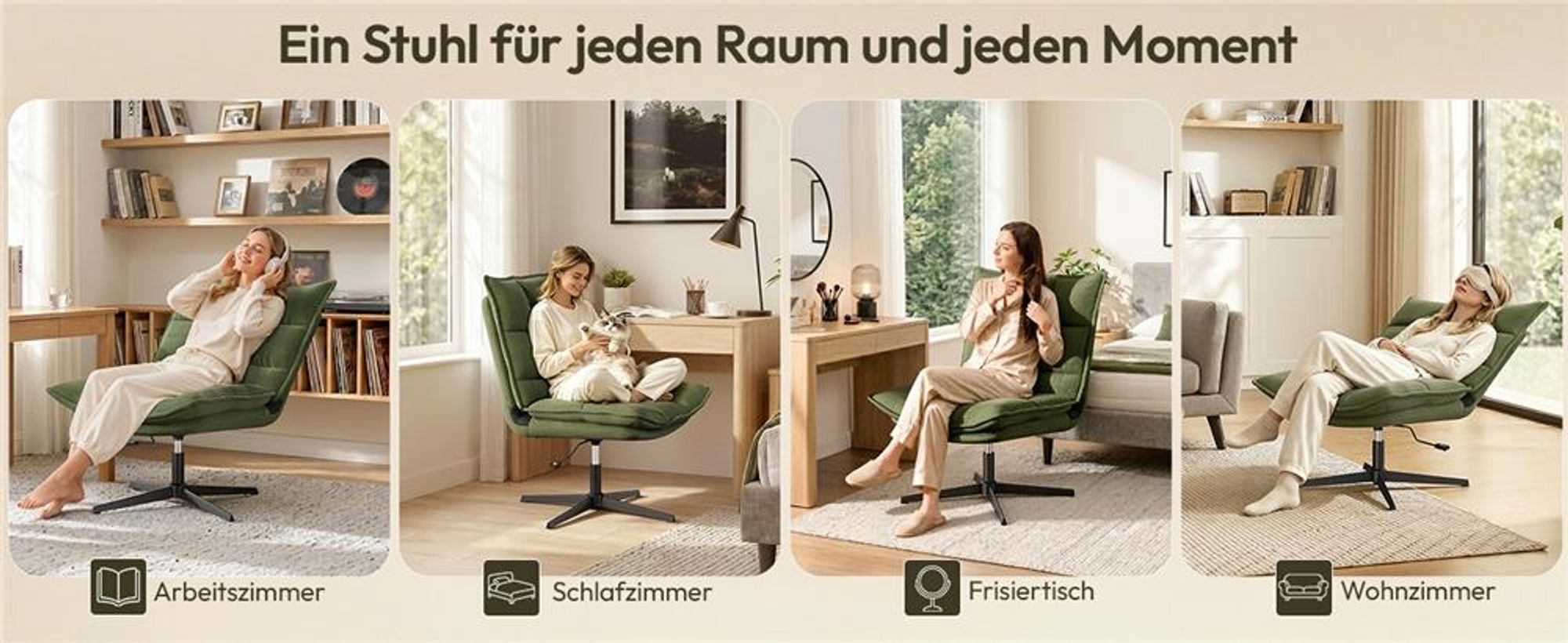 Yaheetech Bürostuhl mit breiter Sitzfläche aus Cordstoff, drehbarer Sessel Loungesessel, neigbar, höhenverstellbar, ohne Armlehnen & Rollen, Grün