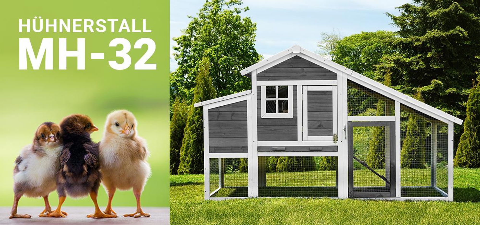 MyAnimal Hühnerstall MH-32 | Für 4 Hühner - Hühnerhaus Zweistöckig  - 2 Sitzstangen  -  Nistkasten - Eiablage - Freilaufgehege (Rot/Weiß 2.0)