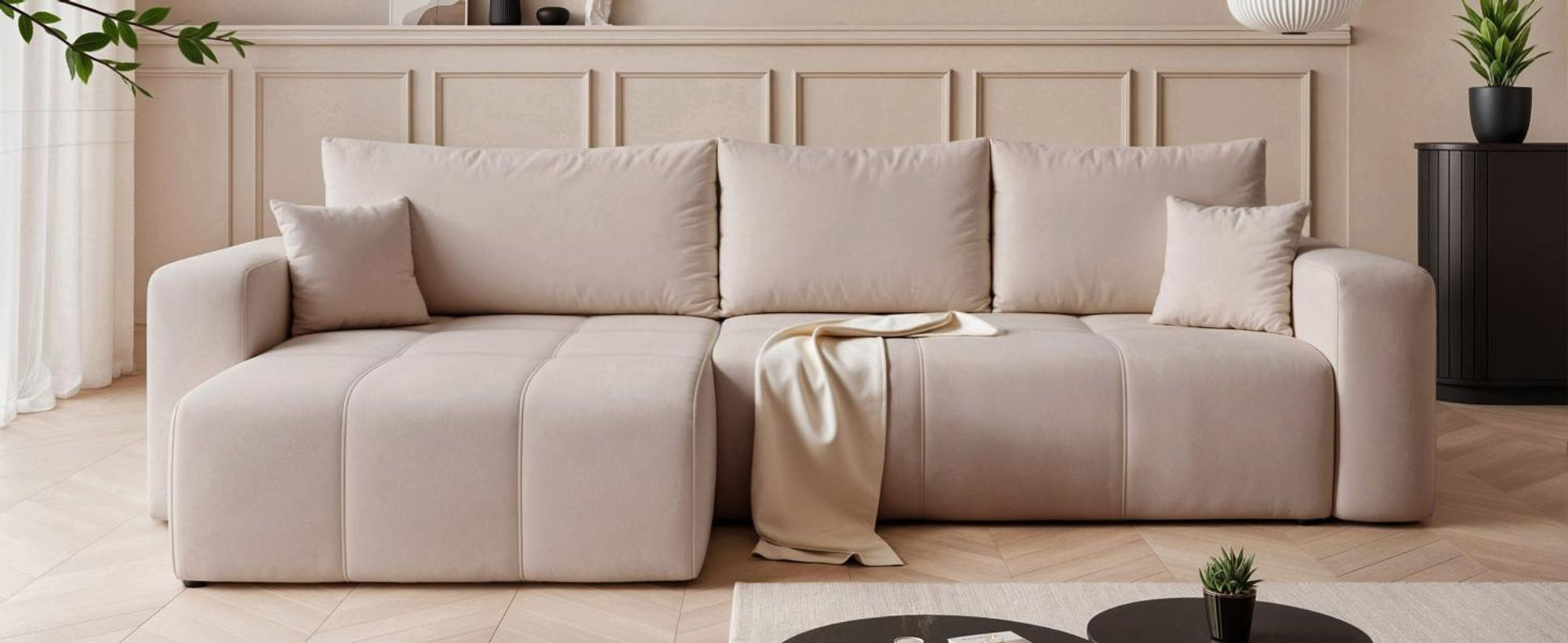 Idohome–Moderne Ecksofa PEDRO XL mit Schlaffunktion und L-förmigen Steppungen, Universale Couch, Sofa, Bettcouch - Farbe Creme Manila 02
