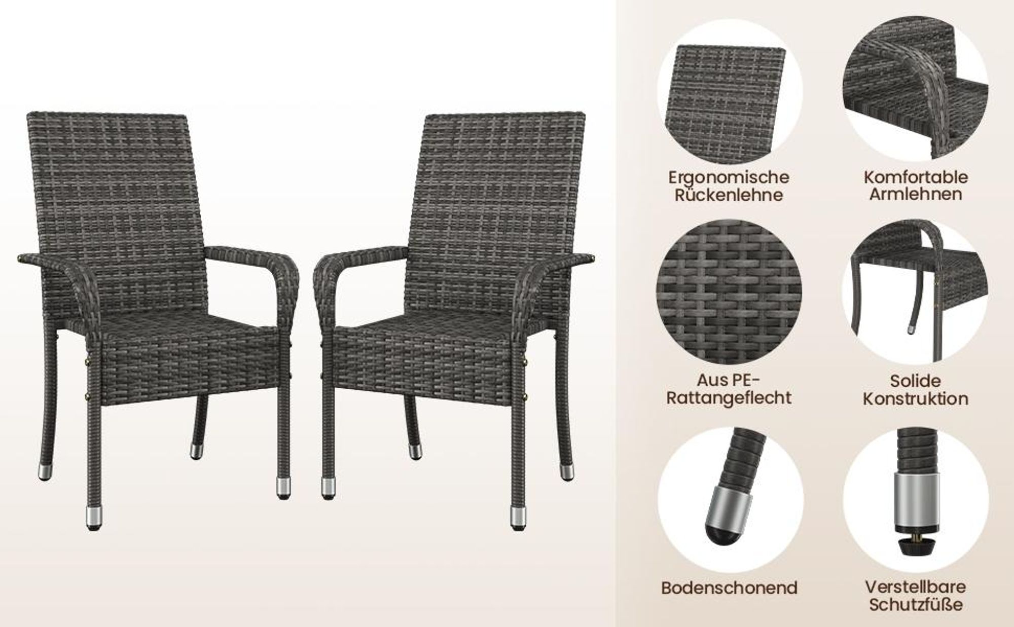 Yaheetech 2er Set Gartenstuhl aus Polyrattan, stapelbare Rattan-Stühle, mit Armlehnen & Rückenlehne, verstellbare Schutzfüße, Grau