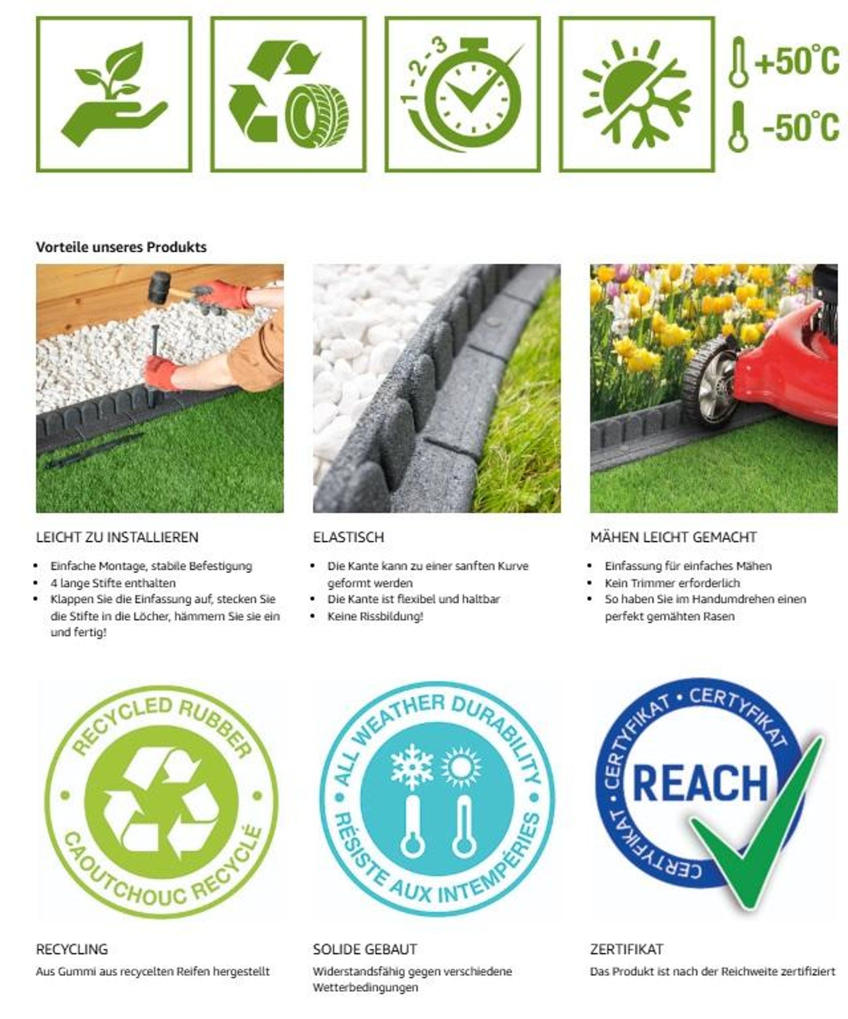 Flexible Rasenkante aus Recyceltem Gummi  120 x 8  - Rasenmäherfreundliche Mähkante - Leicht zu verarbeitende Rasenkantensteine - Stabile Beetumrandun