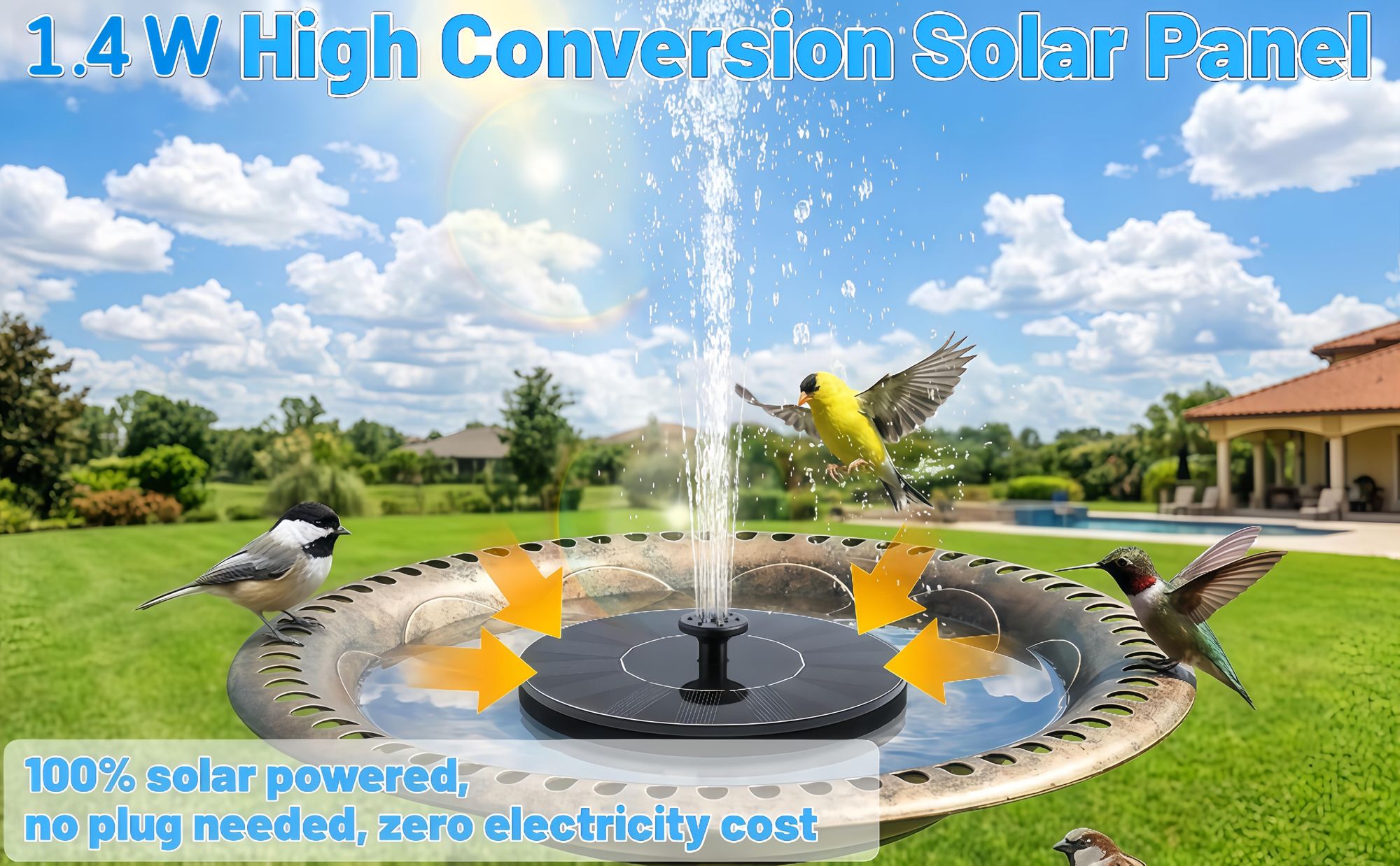 1.4w Solar Springbrunnen,DIY Gartenbrunnen Wasserpumpe mit 6 Düsen,200L/H Wasserdurchfluss,Anti-Blockier-Technologie,Wasserspiel Fontäne,Solar Pumpe