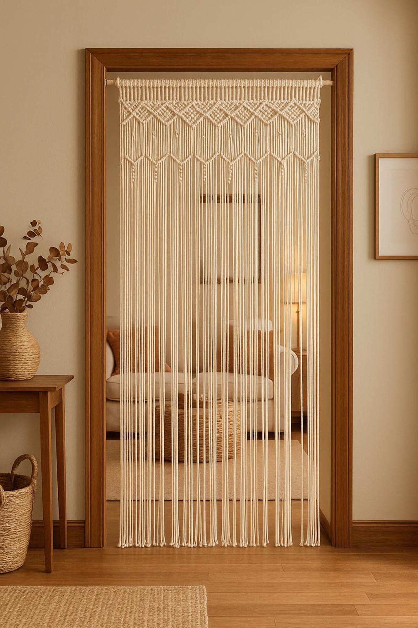 Kobolo Türvorhang Makramee LACE beige 132 Stränge 95x210cm rechteckig Vorhänge Insektenschutz Wandbehang Wanddeko Boho Raumteiler Raumtrenner Deko