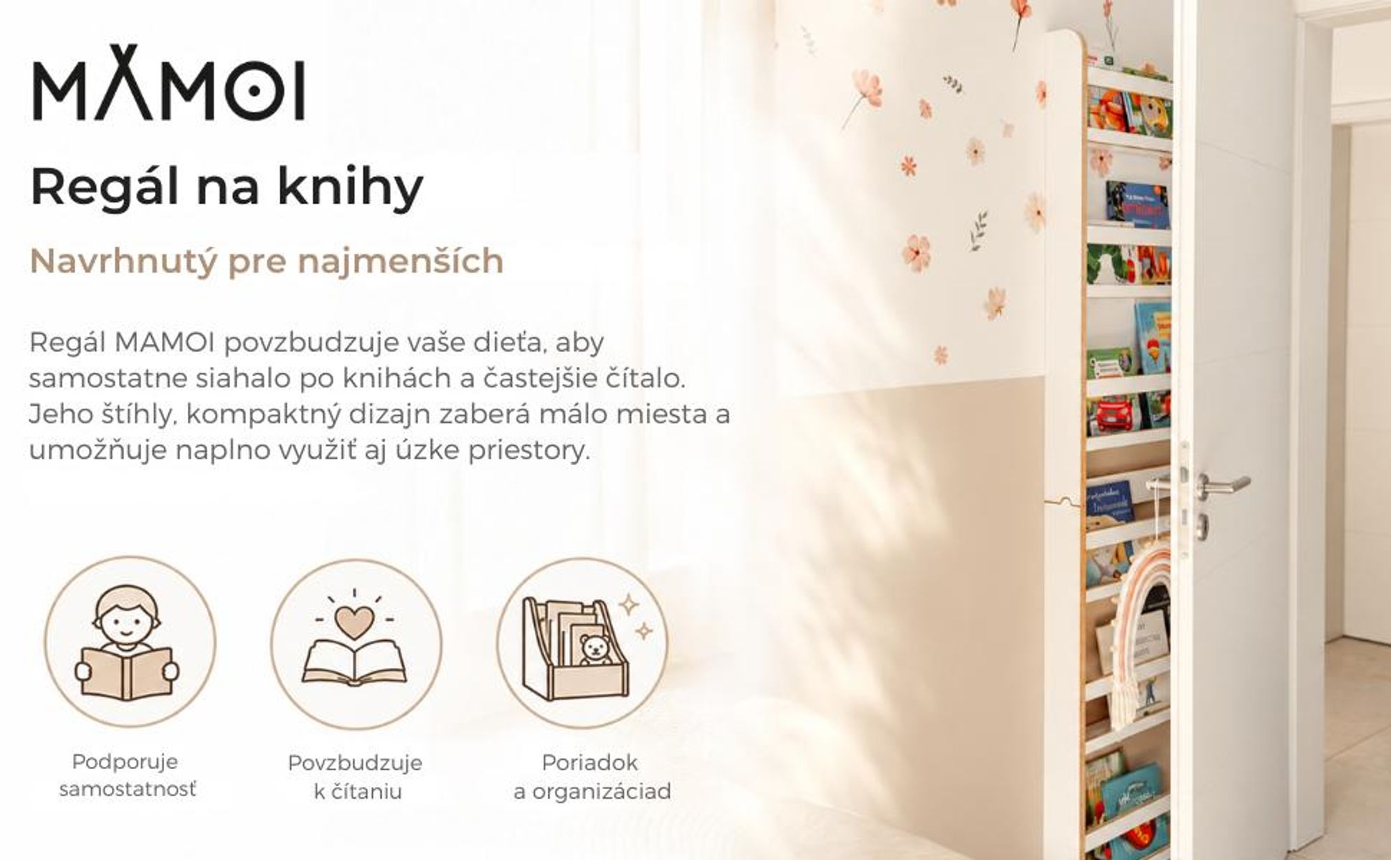 MAMOI® regál na knihy pre deti, regál do detskej izby, polica na knihy, polica na knihy, nástenná polica pre deti, detská polica na knihy, drevená lav