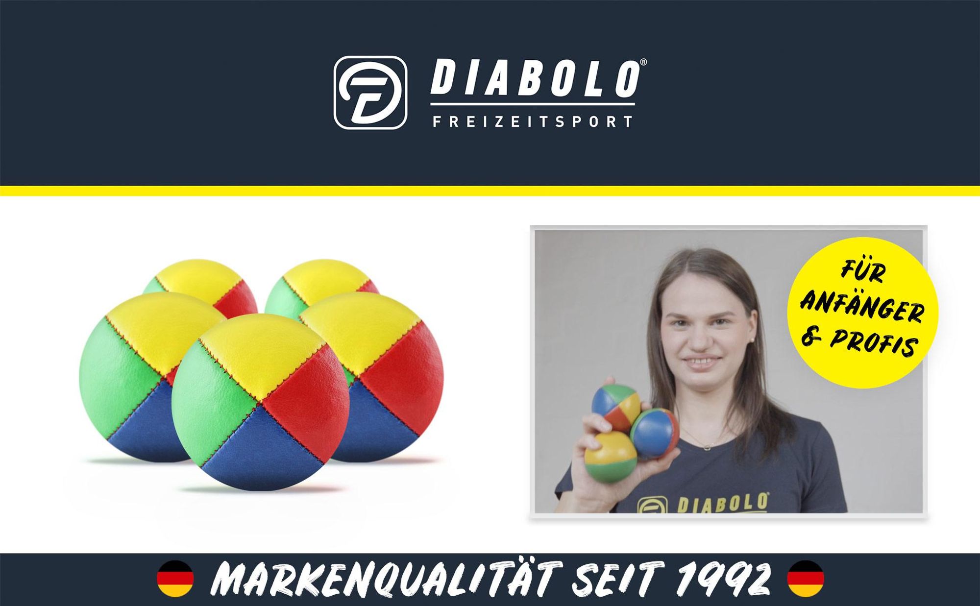 Diabolo Jonglierbälle Erwachsene – 62 mm Set mit 5 Jonglierbällen in vier Farben | Jonglierbälle Anfänger Kinder mit plastikfreier Geschenkverpackung